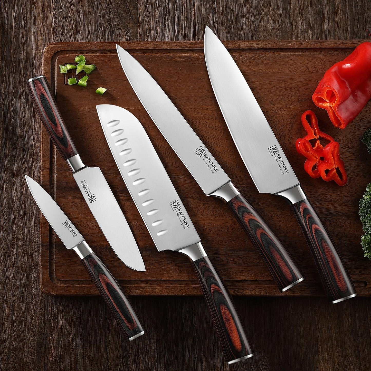 Set 5 Cuchillos Chef Acero Inox Hoja Carbono Mango Pakkawood