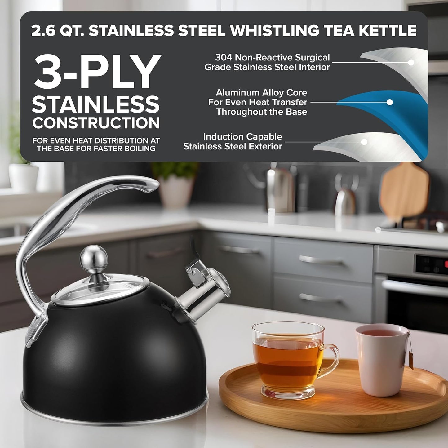 Tetera acero inox 3 capas 2.6qt vidrio templado negro