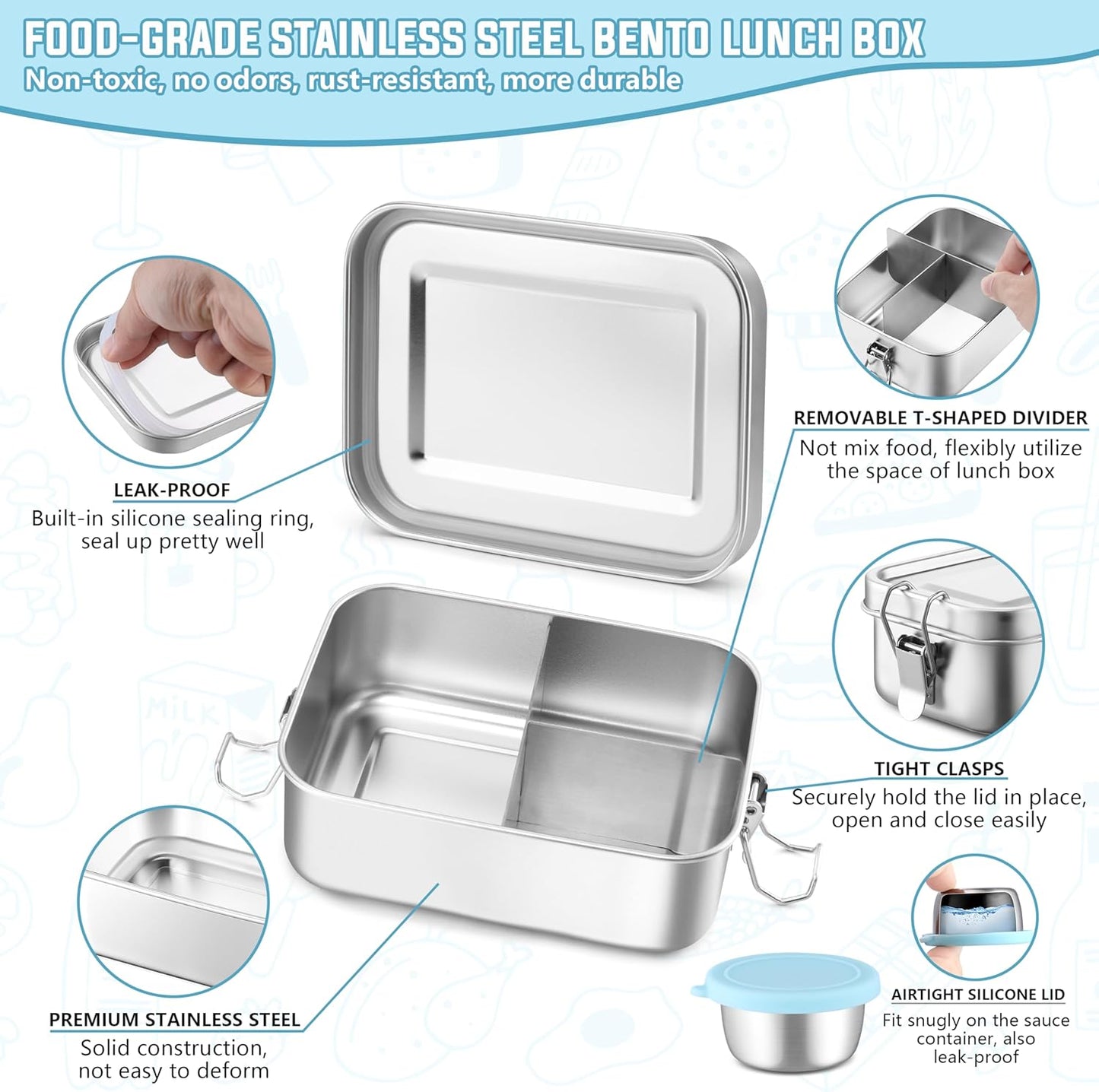 Caja bento de acero inoxidable para niños con tapas y divisores