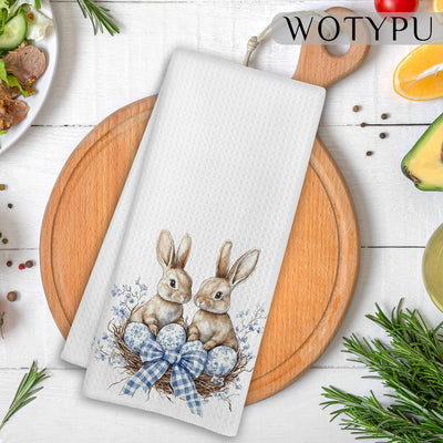 Toalla de cocina con diseño de conejo de Pascua azul y blanca 16 x 24