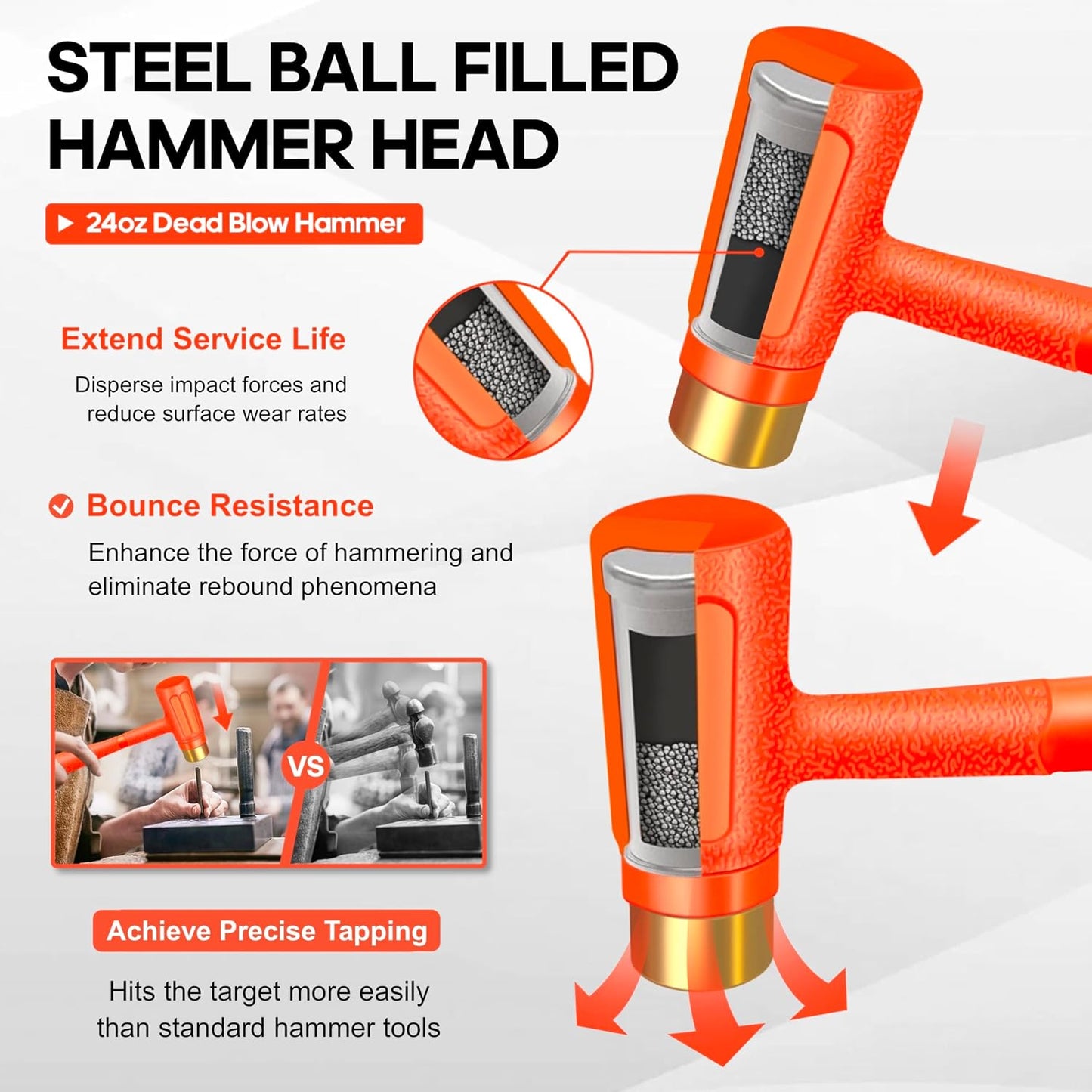 Martillo muerto 24oz latón tapa naranja resistente