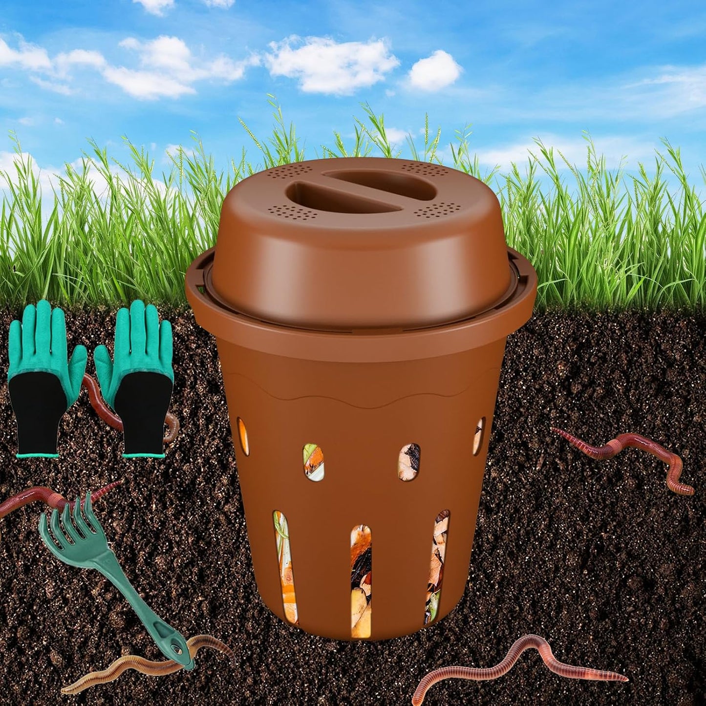 Contenedor compostaje gusanos subterráneo mini jardín uso doméstico