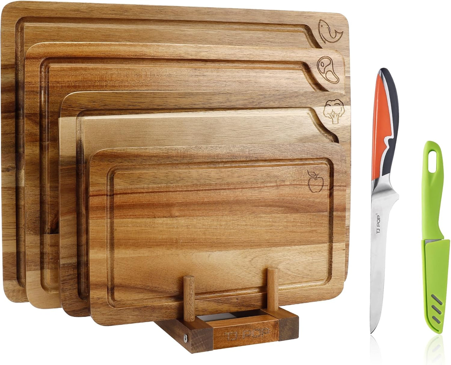 Set 4 Tablas Cortar Acacia con Cuchillo Inox para Carne Verduras