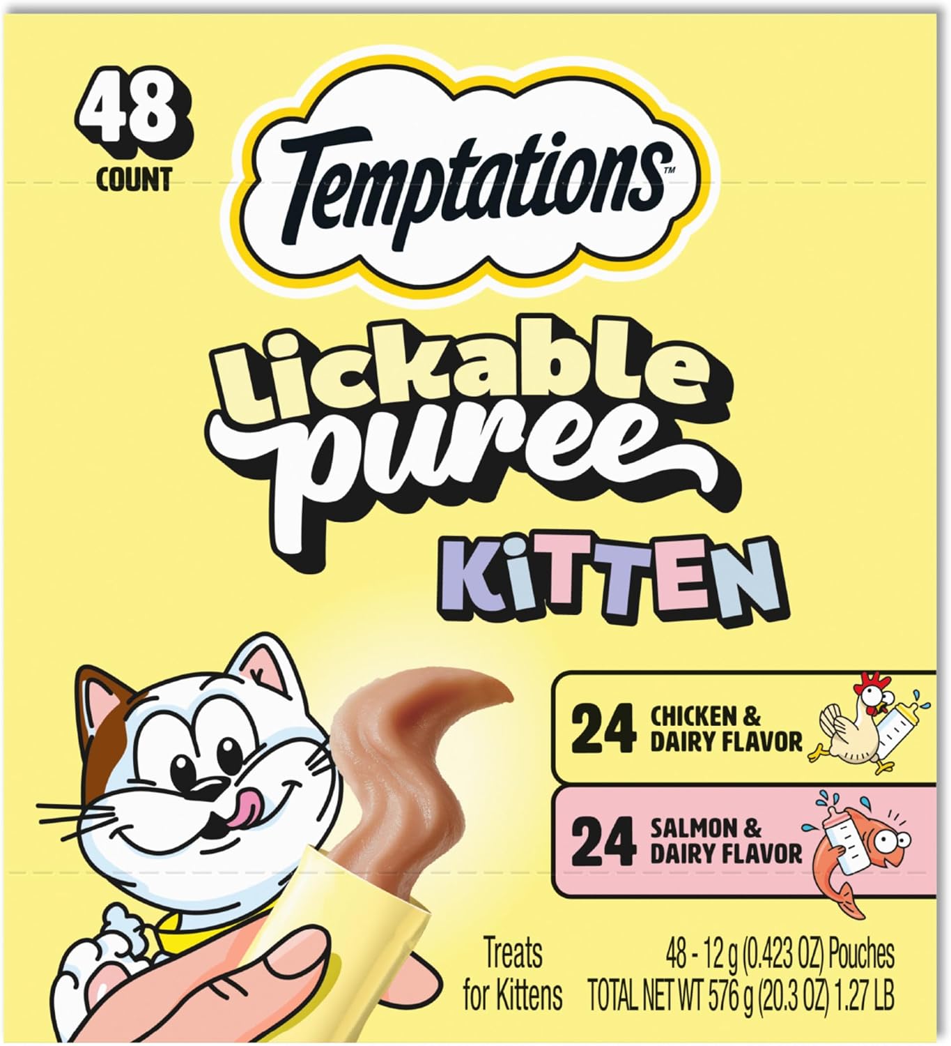 Puree Kitten Treats Lickable pollo y salmón 48 bolsas