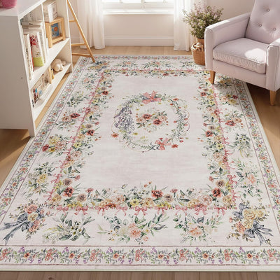 Alfombra rosa lazo floral para niñas dormitorio juegos antideslizante