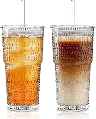 Vasos de vidrio hobnail con tapas y pajitas 2 piezas para café helado batidos