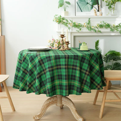 Mantel redondo a cuadros tartán verde y negro estilo vintage