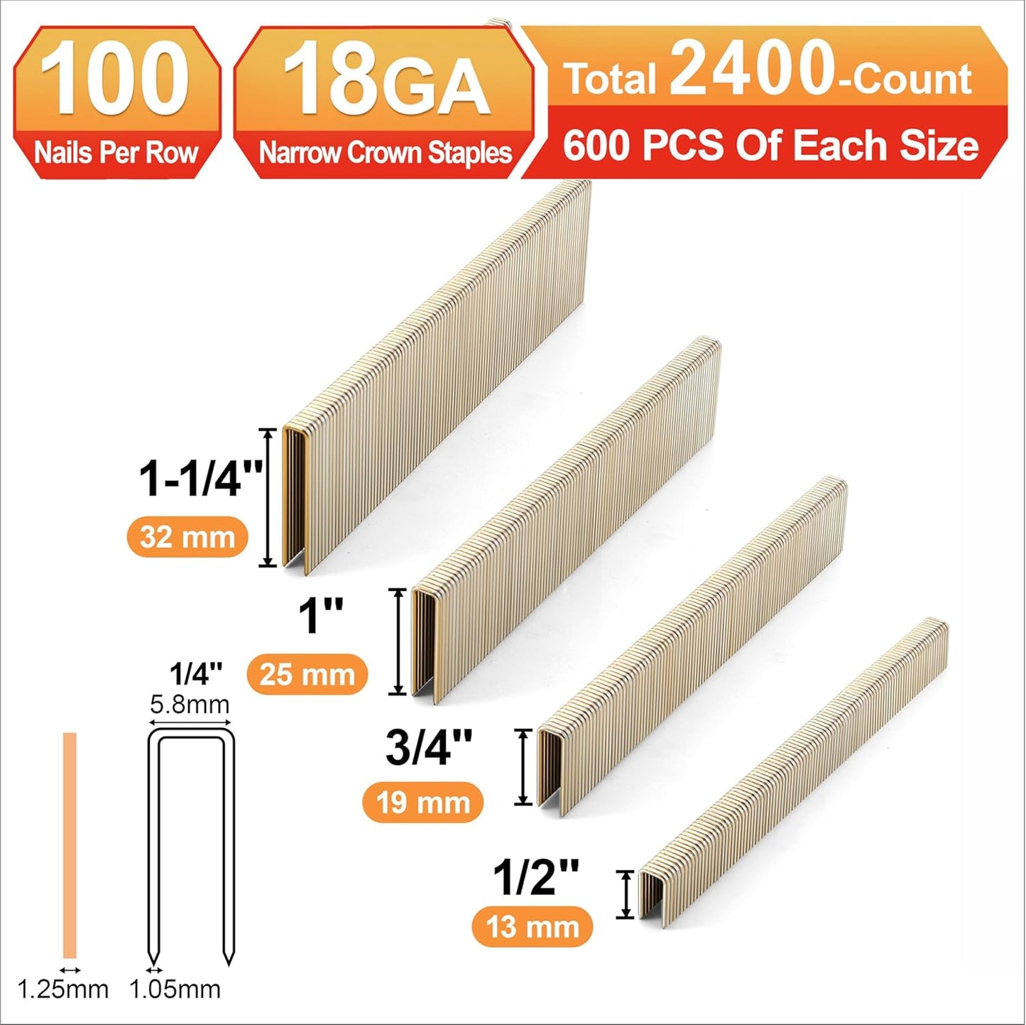 Grapas corona estrecha 1/4 pulg galvanizadas doradas 18 GA
