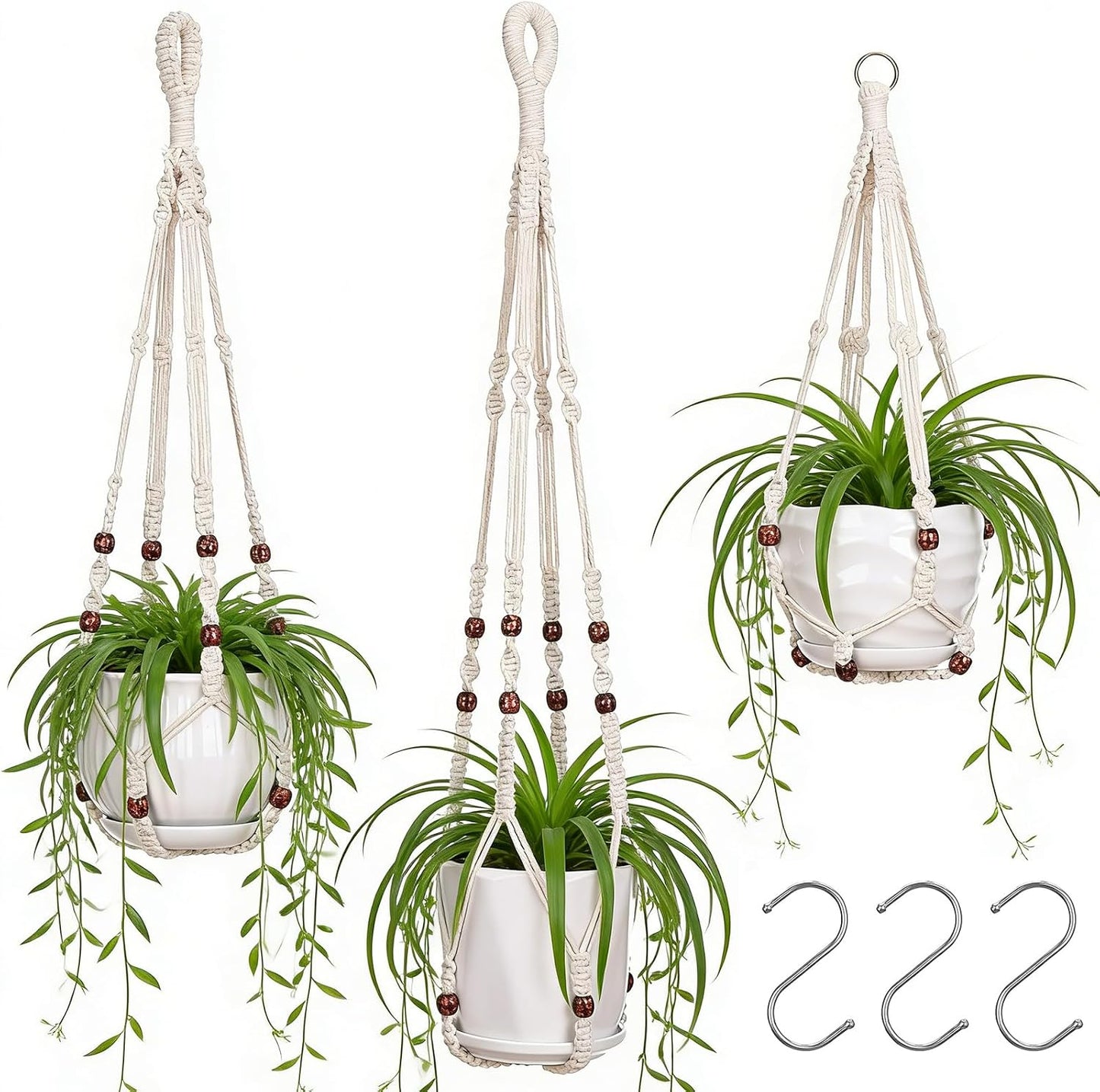 3 Pzas Perchas Macramé 35x29x23pulg Cesta Colgante Sin Borlas