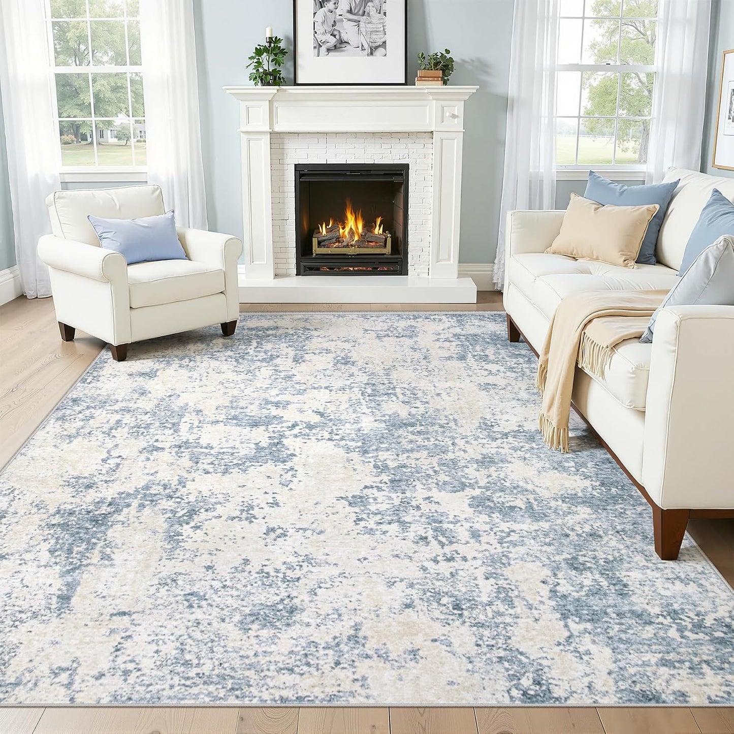 Alfombra 6x9ft abstracta moderna lavable antideslizante azul