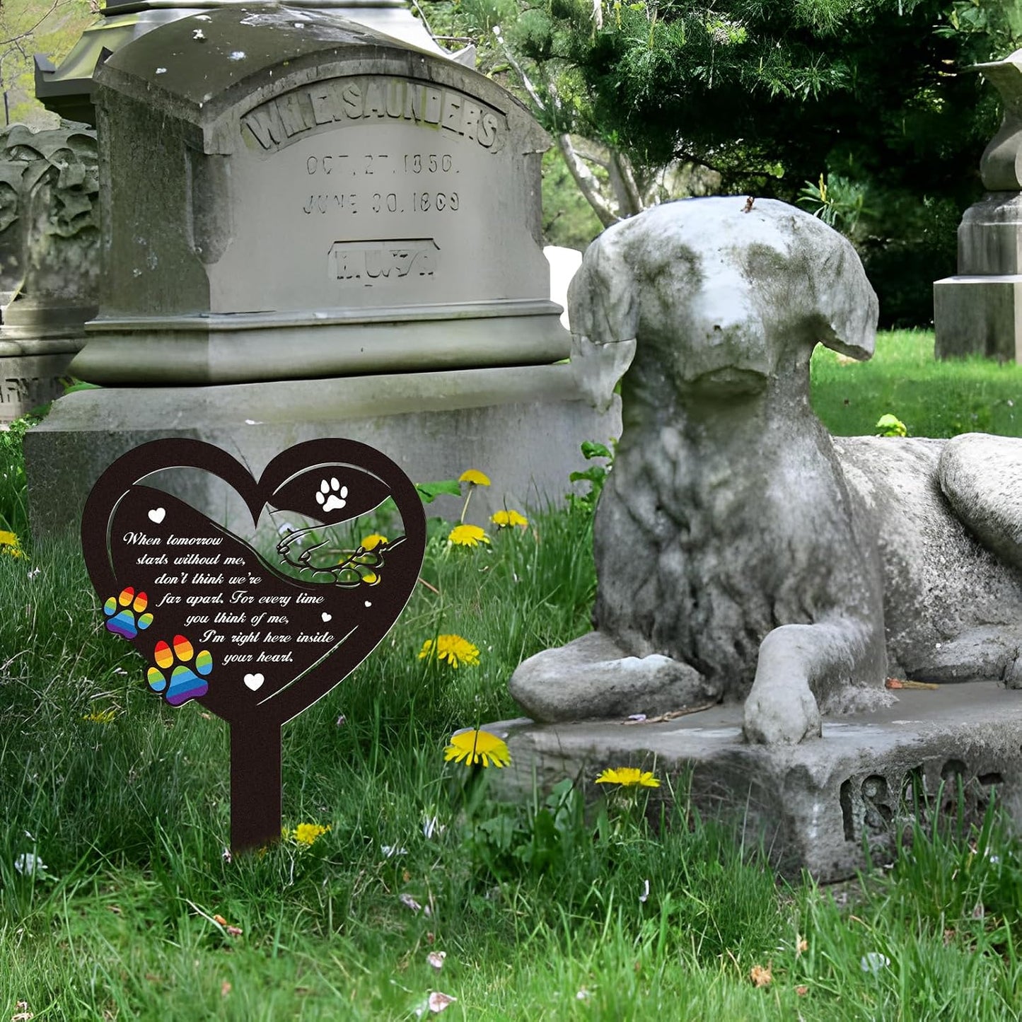 Decoración lápida perro puente arcoíris metal cementerio