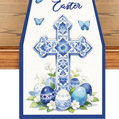 Camino mesa Pascua porcelana azul y blanca con cruz y huevos