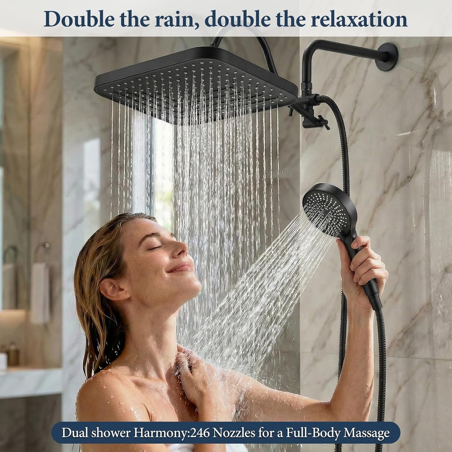 Cabezal ducha cascada con rociador mano y manguera negro