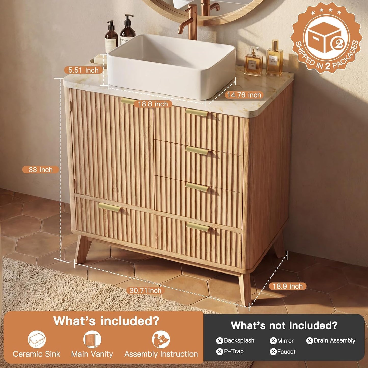 Tocador baño 31pulg cerámica 4 cajones roble