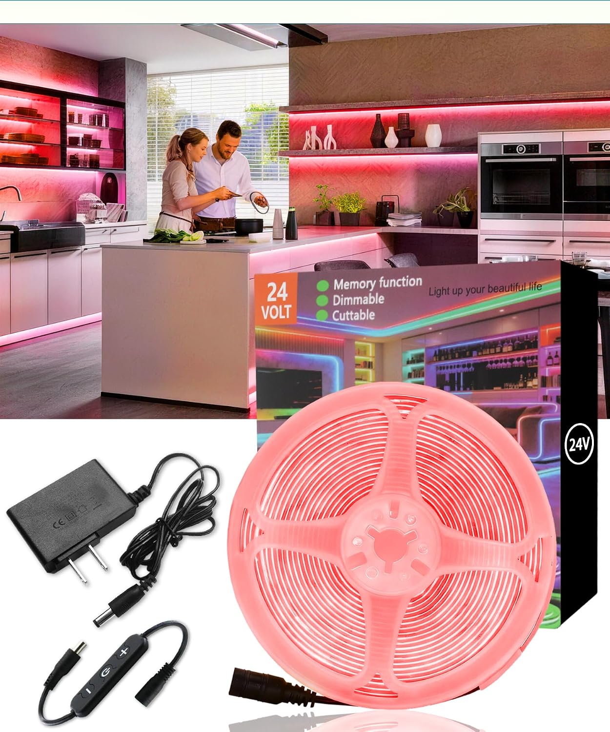 Tira luces LED COB roja 24V flexible para boda aniversario