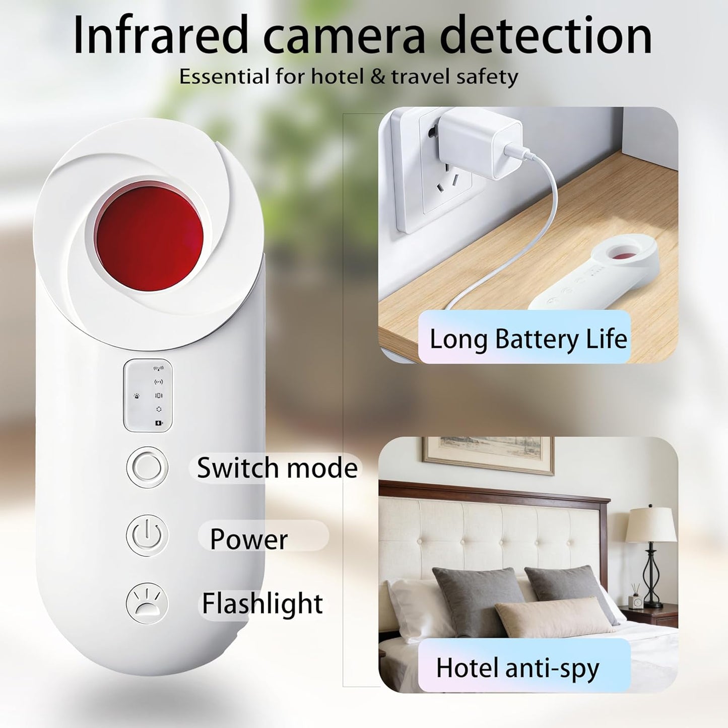Detector cámaras ocultas con alarma vibración y linterna