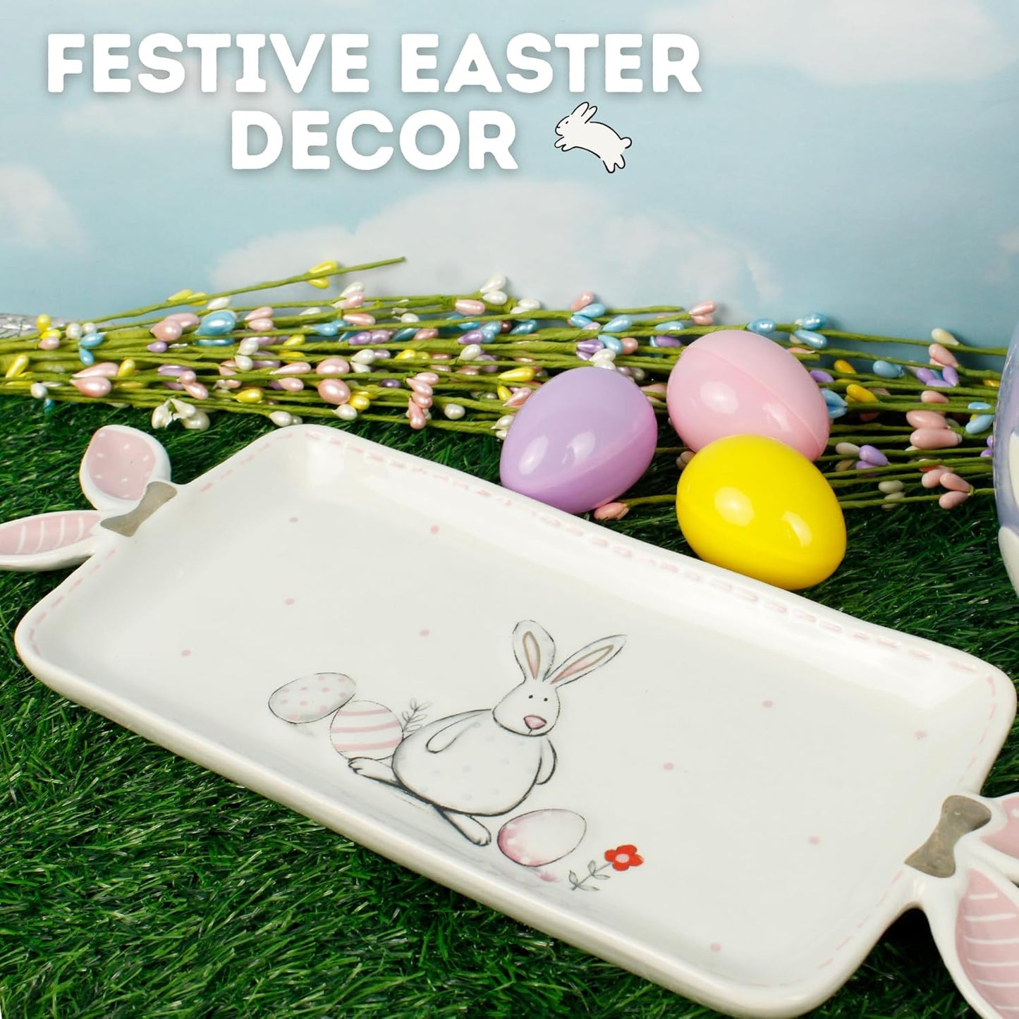 Bandeja Cerámica Servir Pascua Conejo Blanco 14pulg