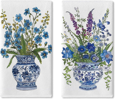 Toallas de cocina vintage floral chinoiserie azul y blanco set de 2