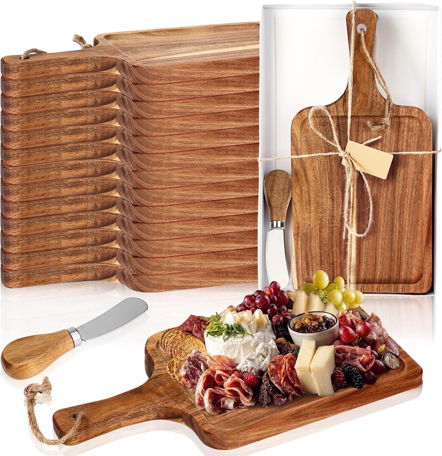 Set 16 Tablas Acacia con Cuchillo Bandeja Servir Ranura Regalo Boda