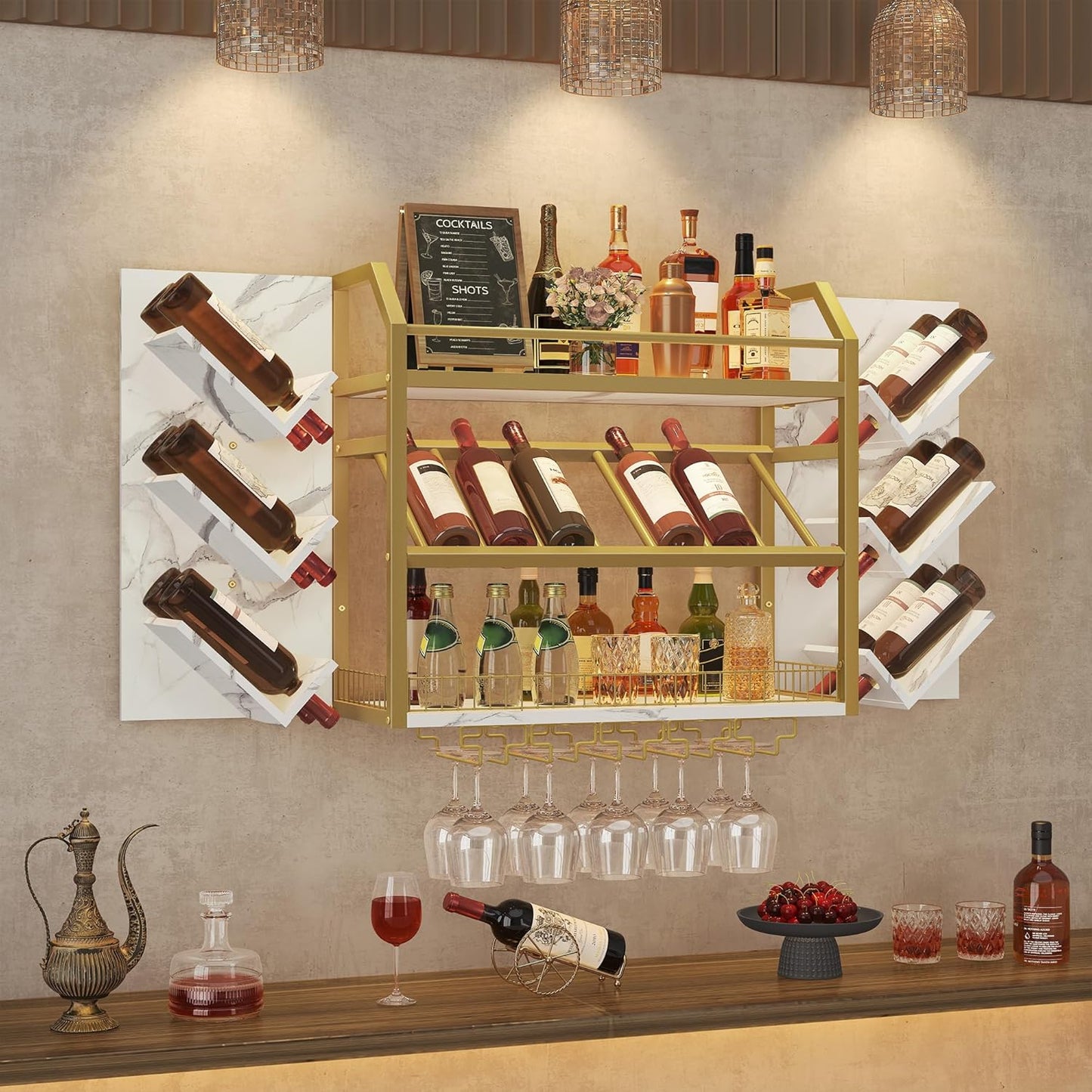 Estante pared vino 3 colgantes soporte vidrio madera metal