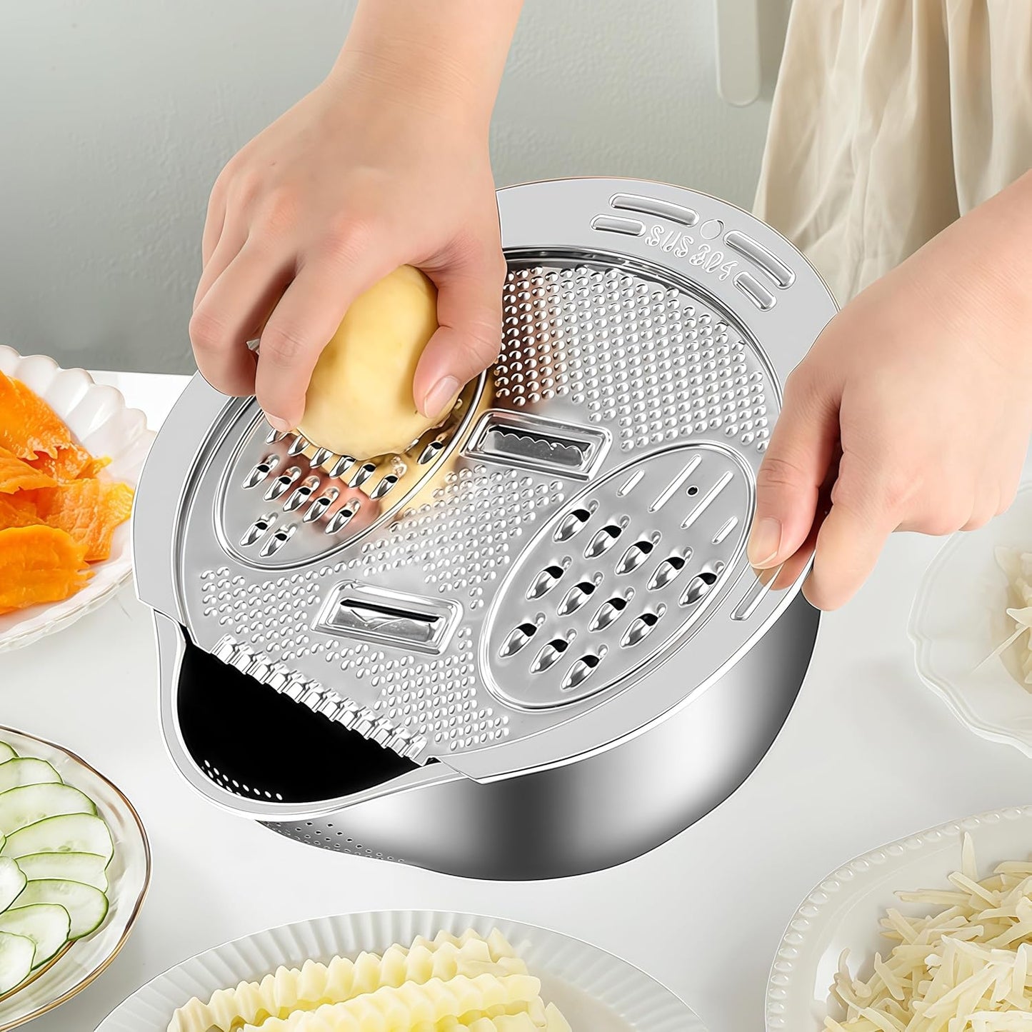 Cuenco colador para lavadora de arroz con rallador de acero inoxidable