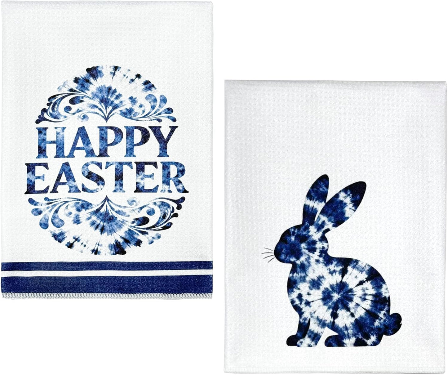 Paquete de 2 toallas de cocina Pascua 16 x 24 pulgadas tejido conejo y huevo azul