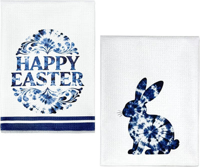 Paquete de 2 toallas de cocina Pascua 16 x 24 pulgadas tejido conejo y huevo azul