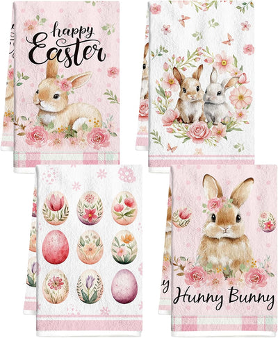 Juego de 4 toallas de cocina Pascua con diseño de conejo y huevos