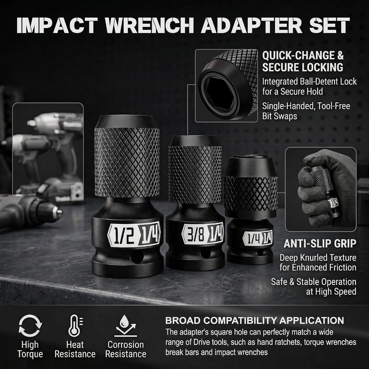 Juego adaptadores llave impacto 1/2 3/8 1/4 pulg