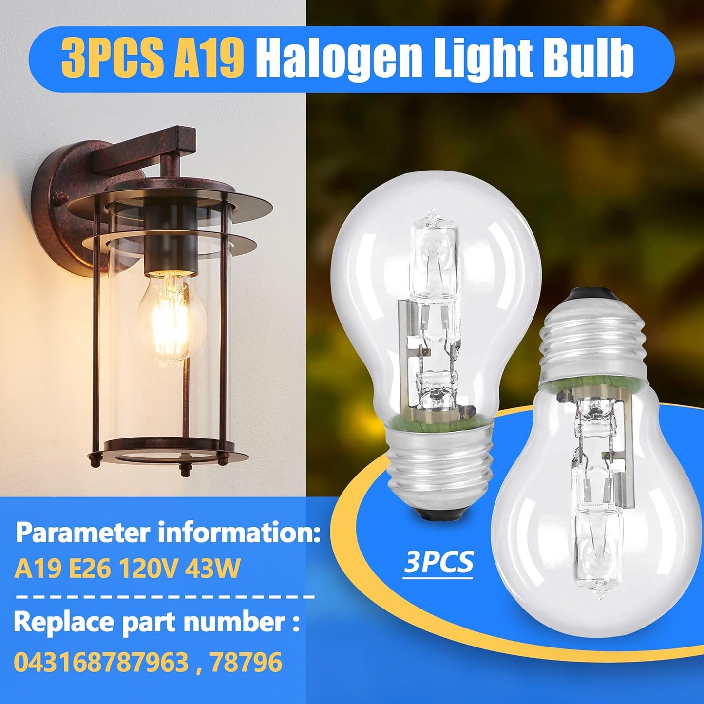 Bombillas halógenas A19 E26 43W transparente repuesto 60W