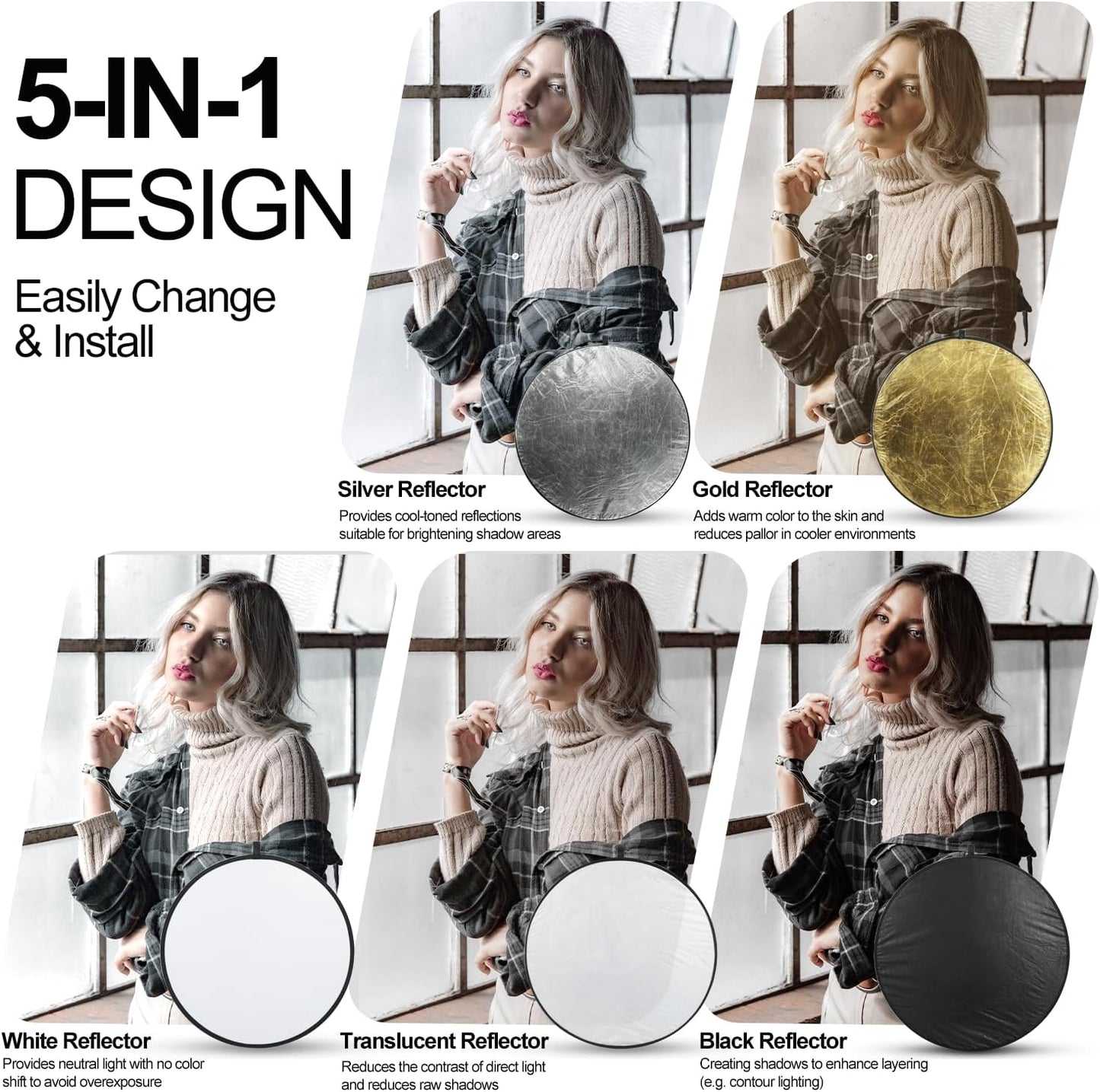 Reflector 5en1 51pulg plegable para estudio y exterior blanco