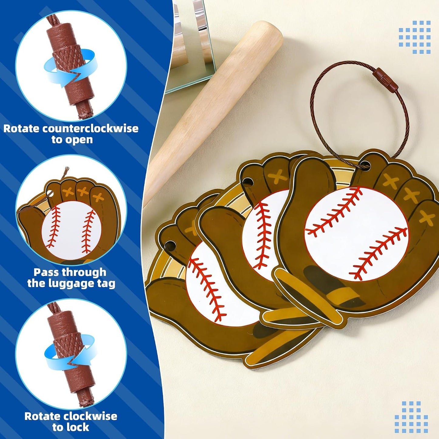 12 Etiquetas Equipaje Béisbol con Anillo Metal PVC