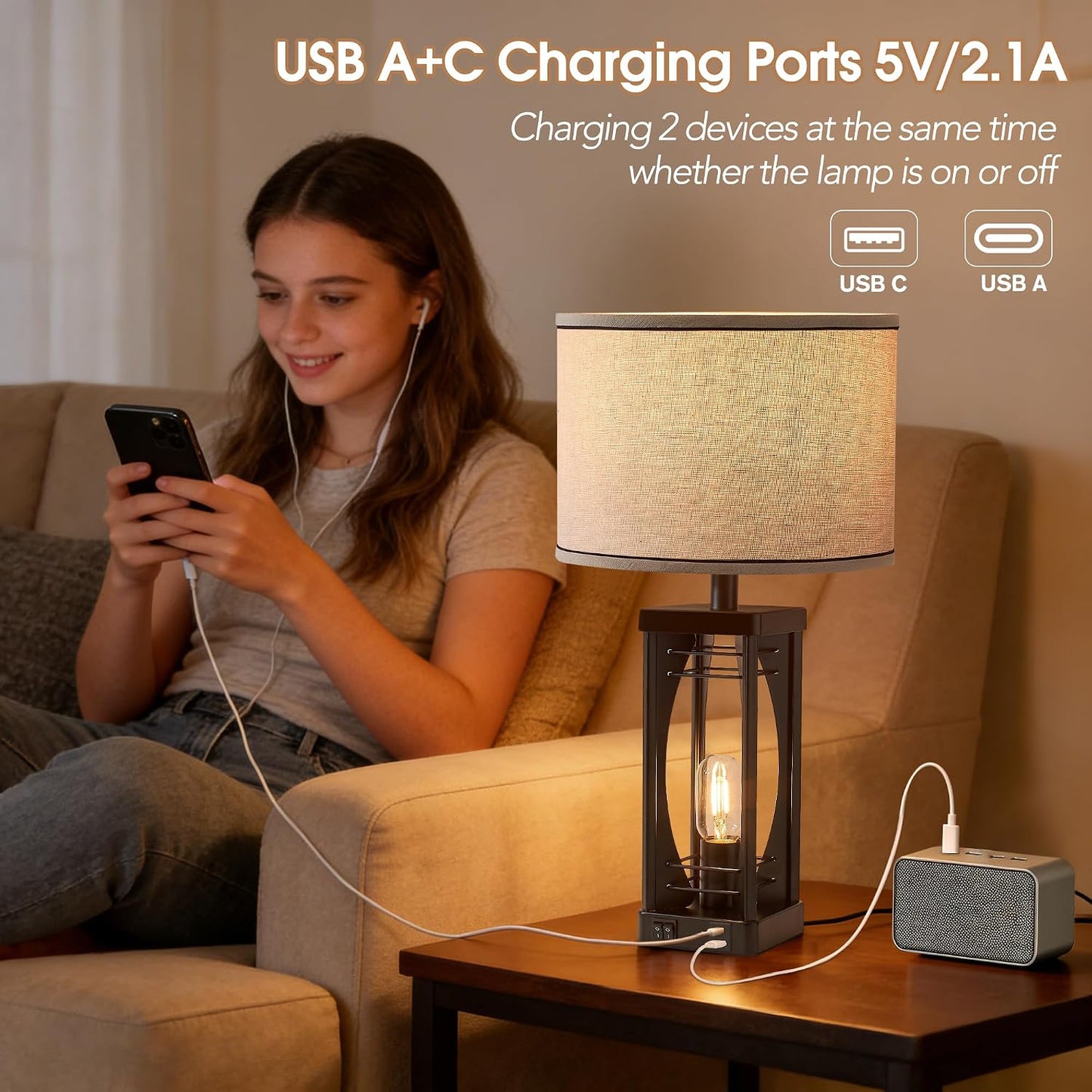 2 Lámparas Mesa Rústica con Puertos USB AC 22.5pulg