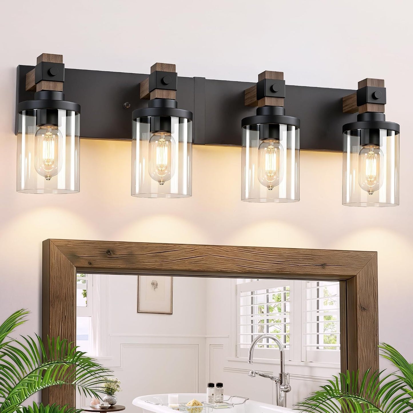 Lámpara tocador madera 4 luces negras vidrio transparente