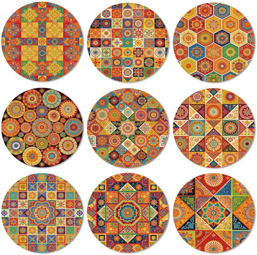Juego de 9 posavasos de madera coloridos con patrón mandala