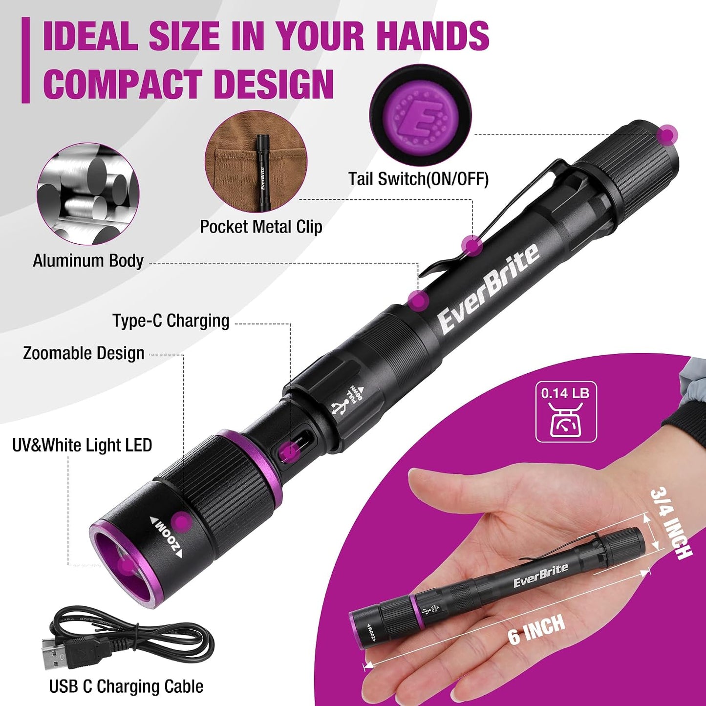 Linterna recargable UV 395nm 4 modos con clip