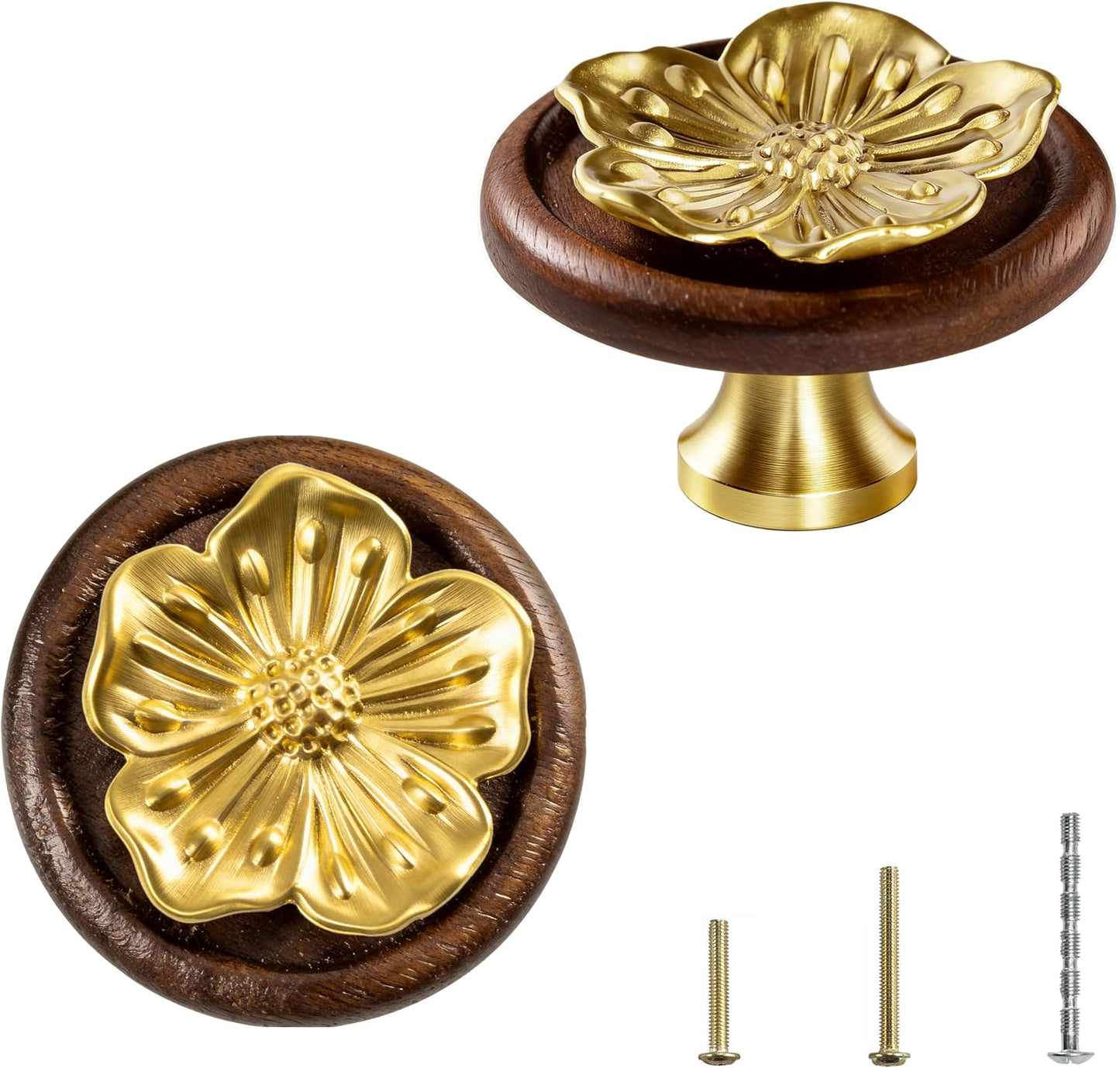 Pomos dorados latón macizo 2pulg base madera set 4