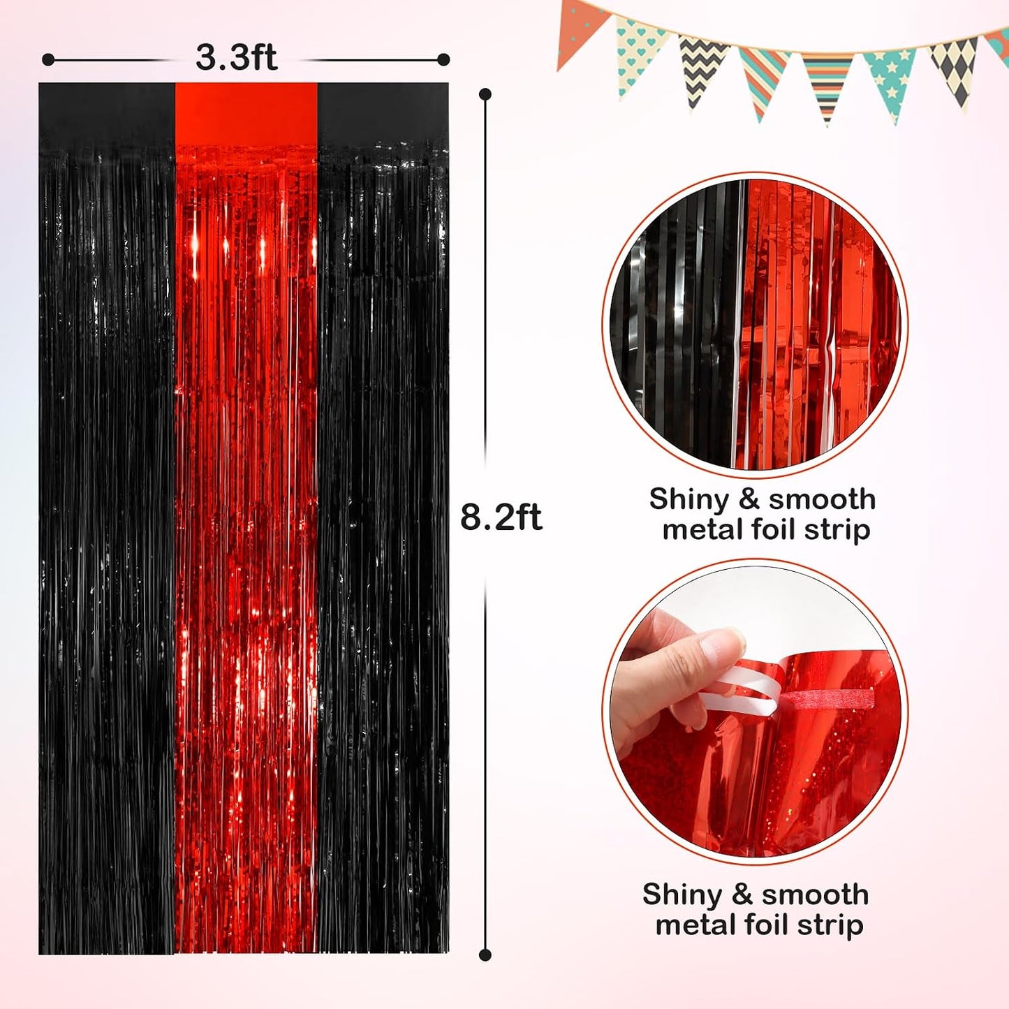 Cortinas oropel flecos negro rojo 3.3x8.3pies paquete 2