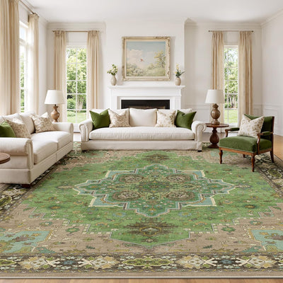 Alfombra vintage antideslizante sala dormitorio comedor verde