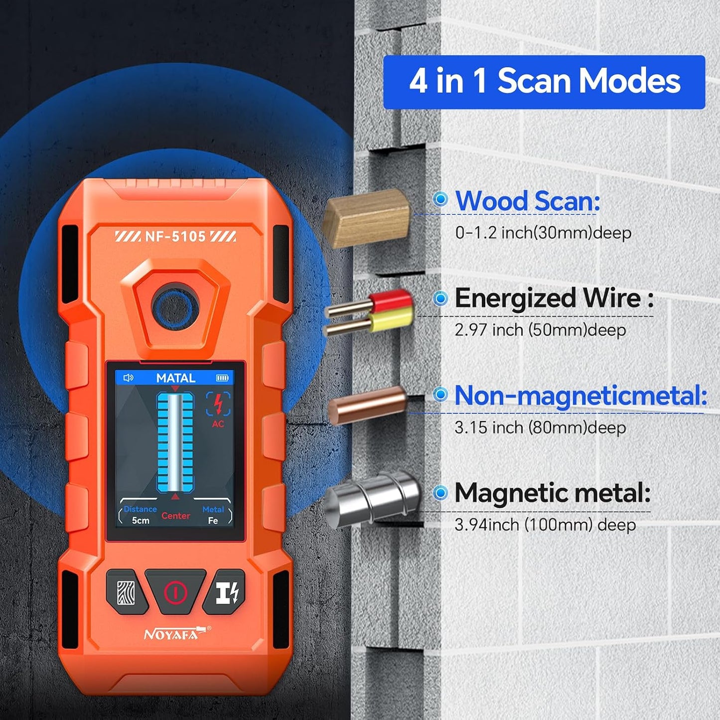 Escáner pared 6en1 recargable LCD HD alarma audio