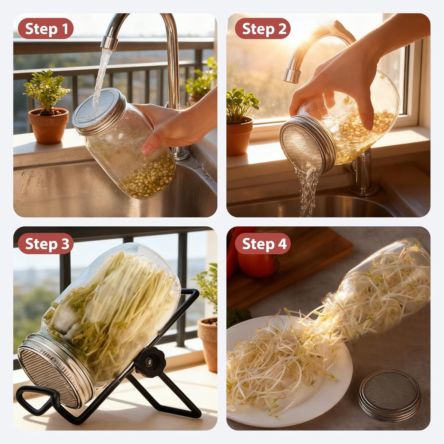 Juego de 6 tapas de brotes para tarros Mason acero inoxidable 316 boca ancha filtros malla soportes ajustables