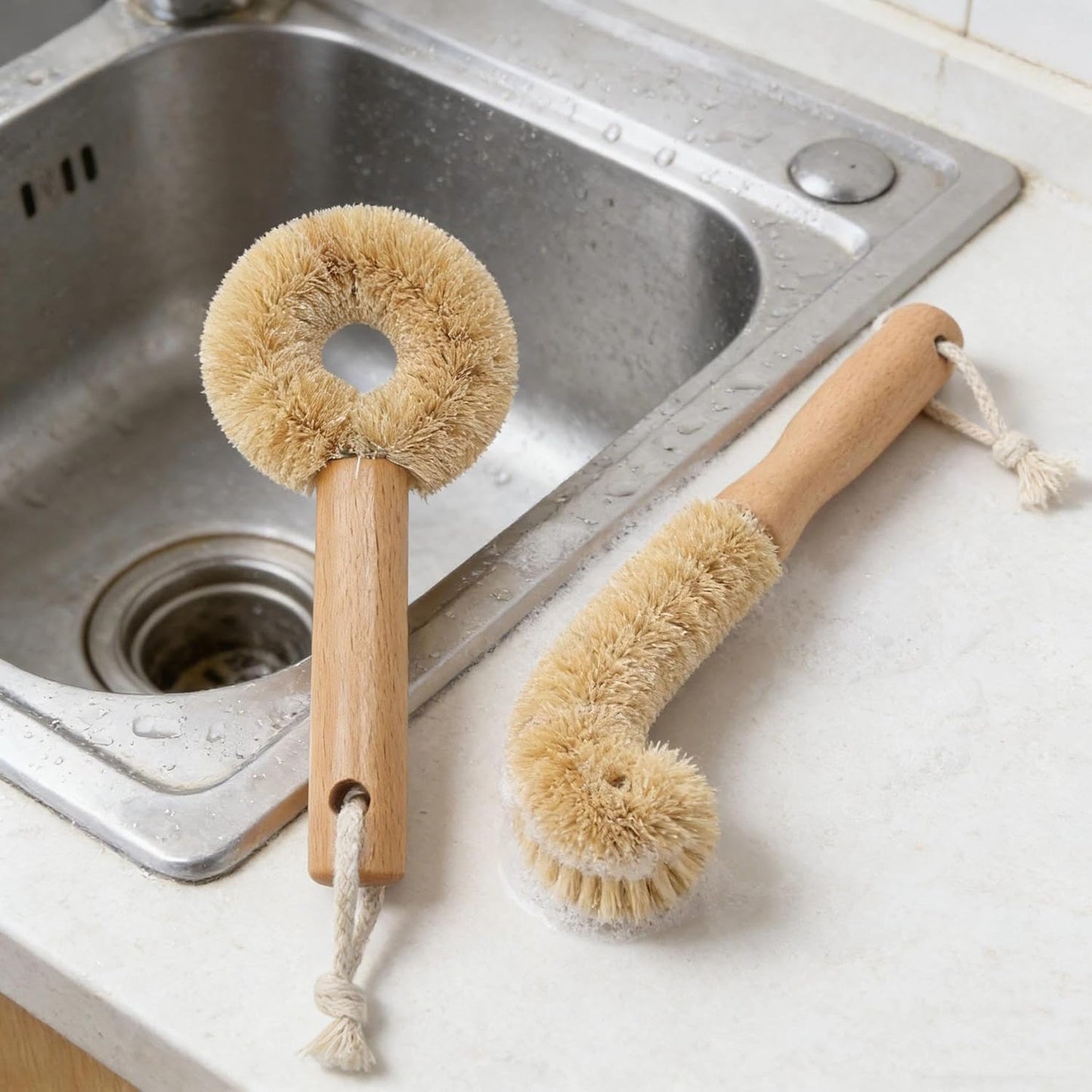 Set 2 Cepillos Botella Fibra Cactus Mango Madera Natural