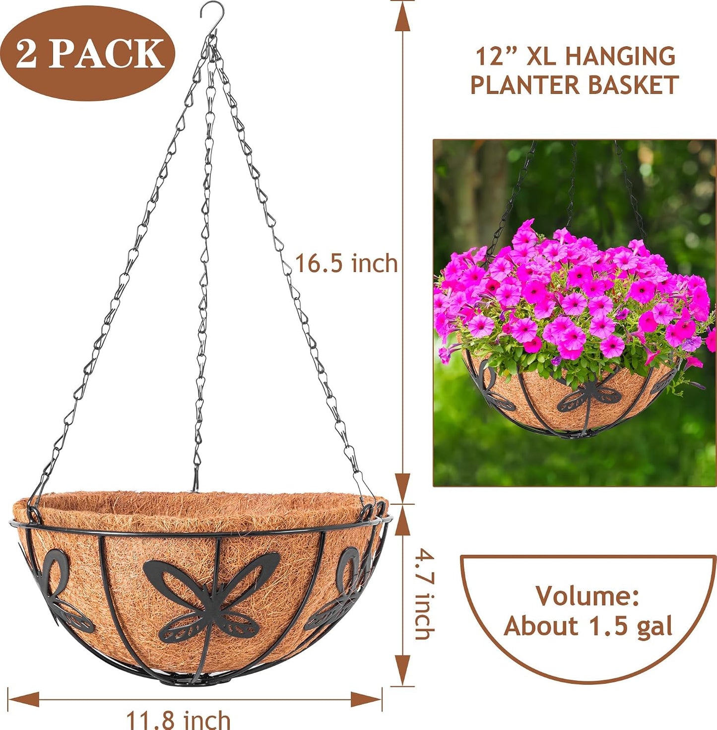 2 Pzas Cestas Colgantes Jardineras 12pulg Alambre Fibra Coco