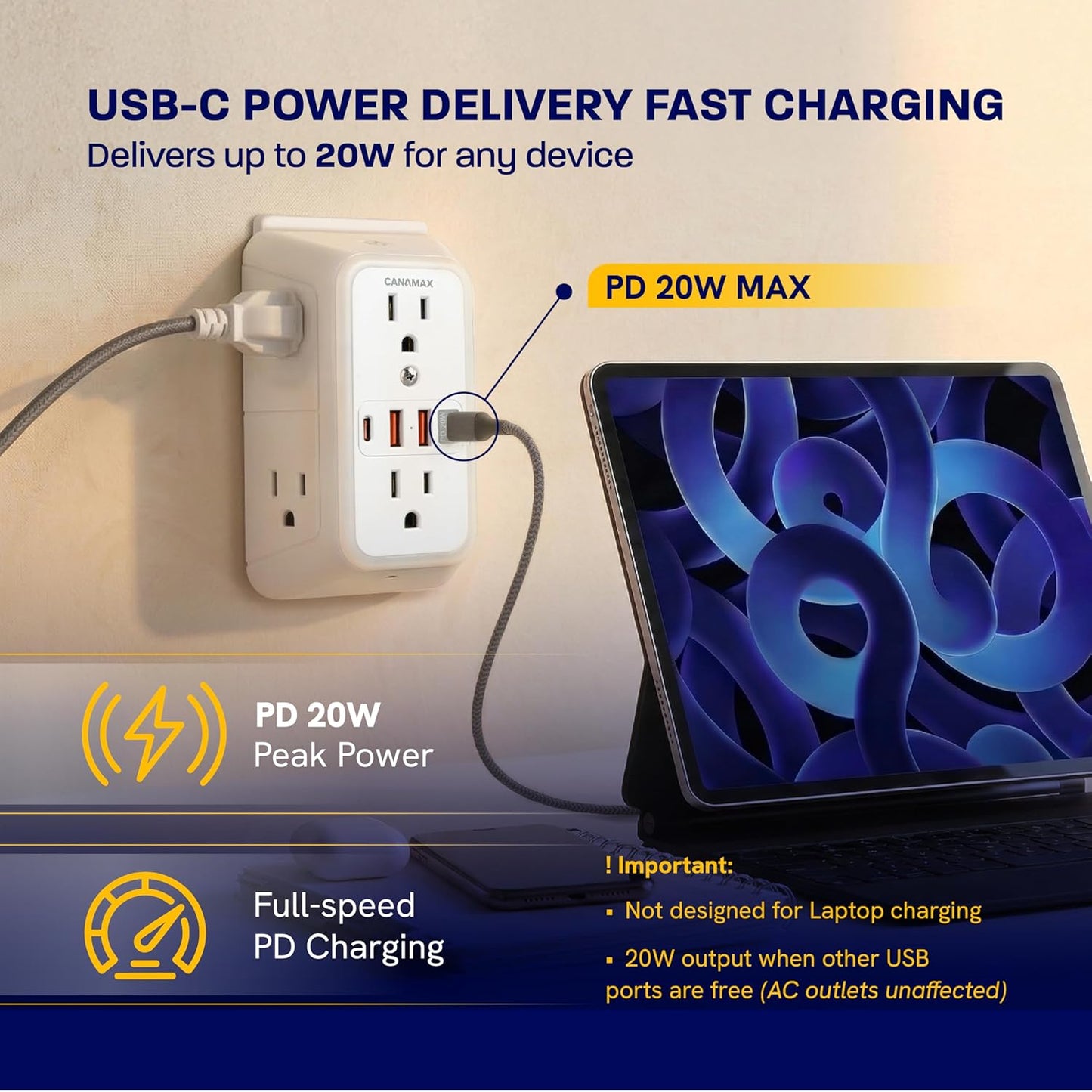 Extensor tomacorrientes 6 salidas con 4 USB y luz nocturna
