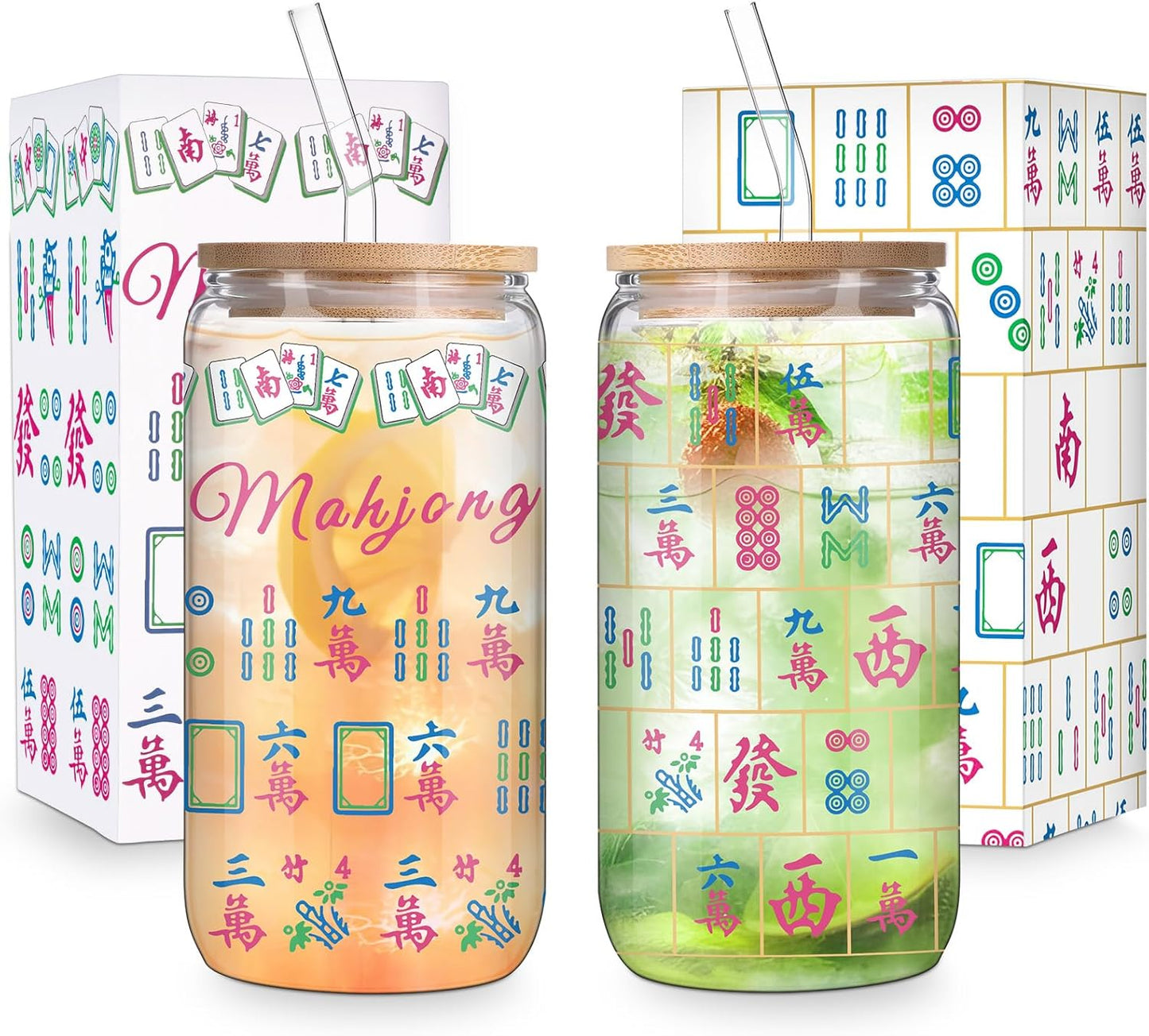 Juego de 2 vasos de vidrio con tapas de bambú y pajitas para pareja