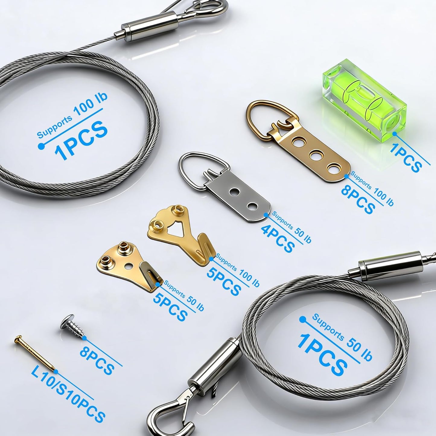 Kit alambre resistente para colgar cuadros 100lb con anillos D y ganchos
