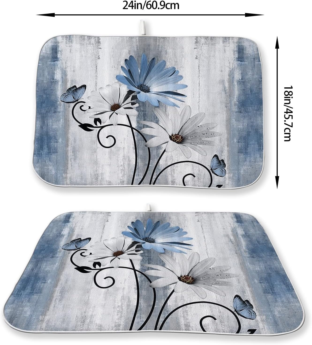 Tapete de secado de platos floral rústico azul vintage 18 x 24 pulgadas