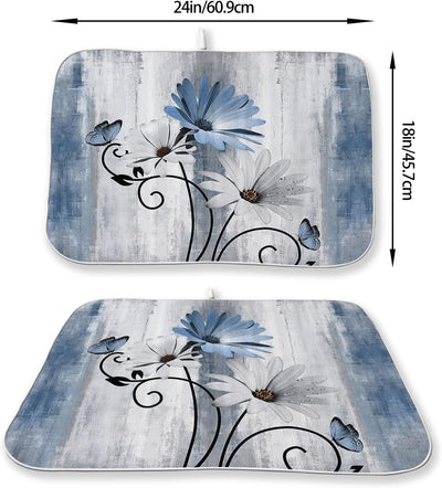 Tapete de secado de platos floral rústico azul vintage 18 x 24 pulgadas