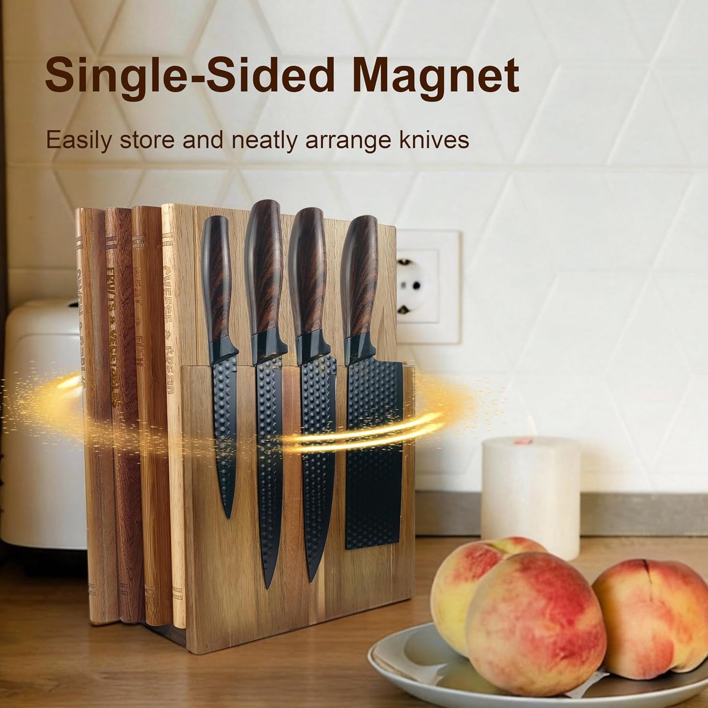 Set 4 Tablas Cortar Madera Maciza Soporte Magnético Cuchillos