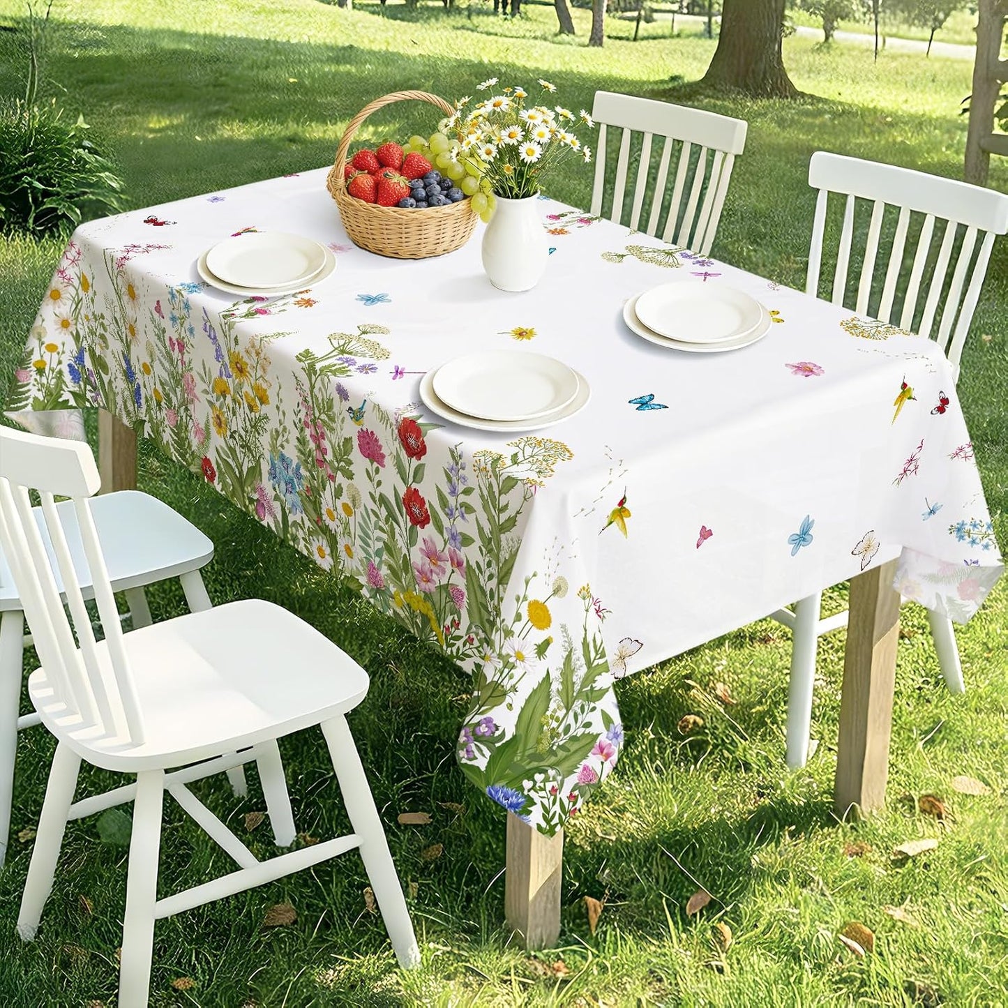 Mantel rectangular primavera con hojas silvestres mariposas poliéster lavable resistente manchas arrugas para fiestas cocina picnic 60x84